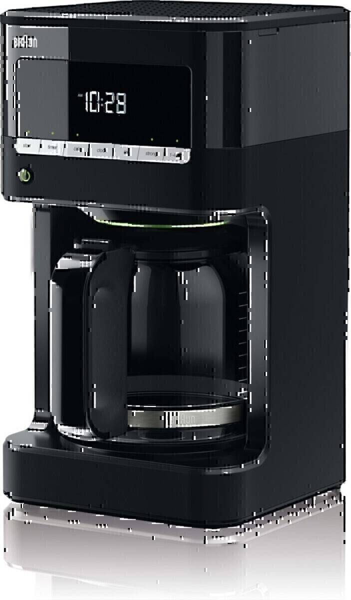 Eine schwarze Tropfkaffeemaschine mit einer vollständigen Glaskaraffe, ausgestattet mit einem Bedienfeld auf der Oberseite mit Tasten und Kontrollleuchten.