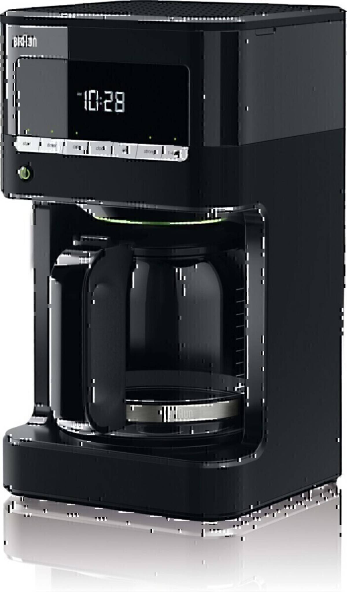 Schwarze Braun Kaffeemaschine mit digitaler Uhranzeige, Steuertasten und einer Glaskanne auf der Wärmeplatte