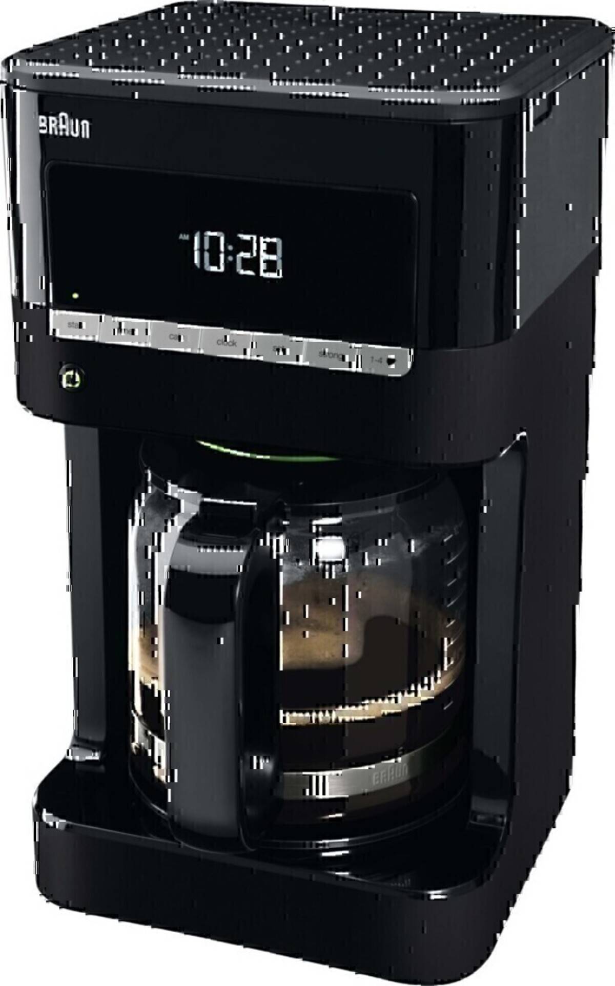 Schwarze Braun-Tropfkaffeemaschine mit digitaler Uhranzeige und Glaskanne auf der Wärmeplatte.