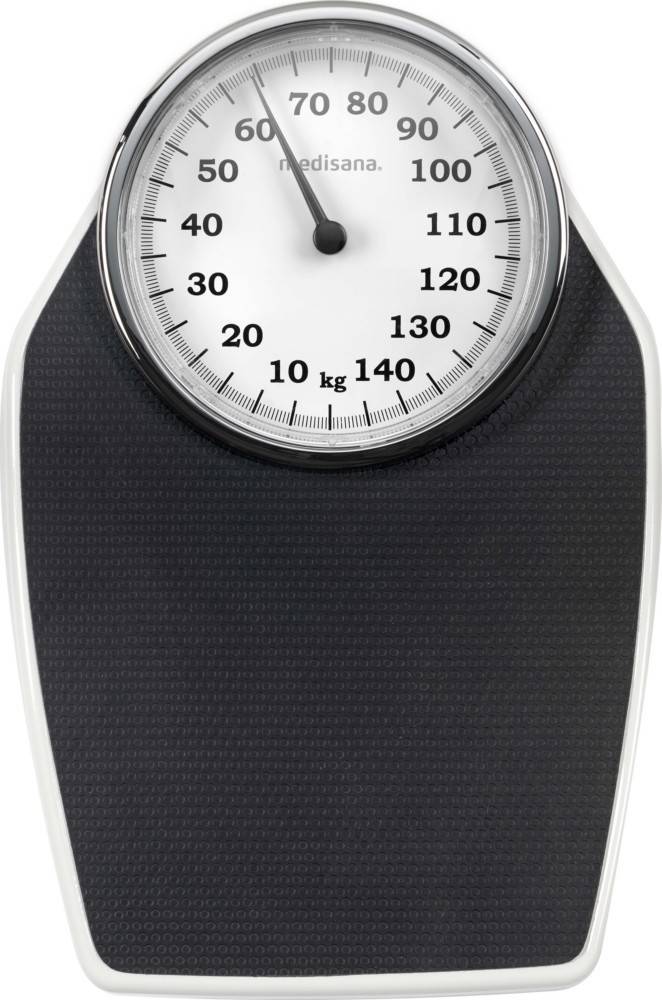 Eine klassische analoge Badezimmerwaage mit einer runden Skala, die sowohl Kilogramm als auch Pfund anzeigt. Die Waage ist schwarz mit weißem Zifferblatt.