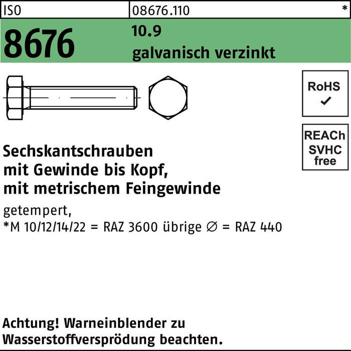 Gewindebolzen mit Sechskopf (metrisch), Teilenummer 8676, RoHS- und REACH-konform, Abmessungen Ø=RAZ 3600, Vorsicht bei Fremdstoffen.