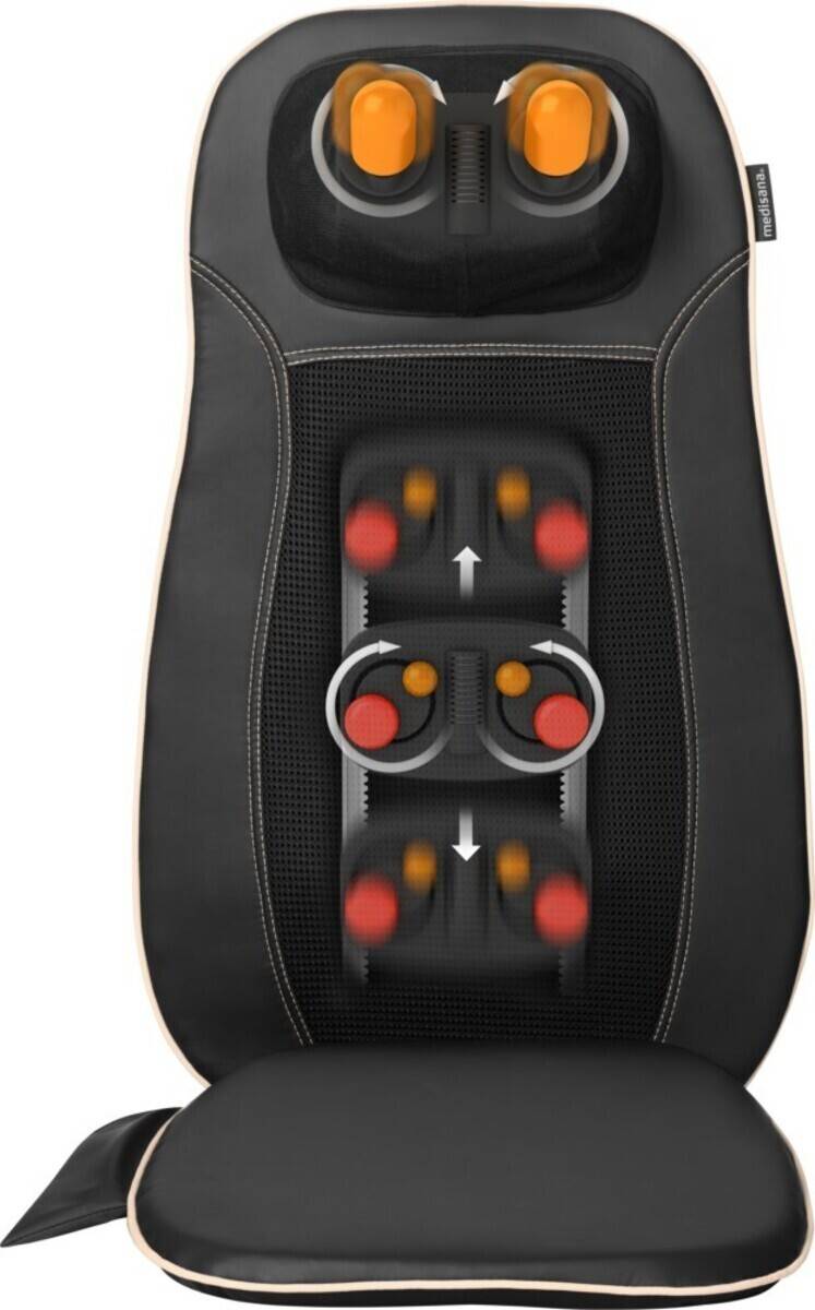 Eine schwarze Massagesitzauflage mit rotierenden Knoten und Pfeilen, die die Bewegung für Rückenmassagetherapie anzeigen.