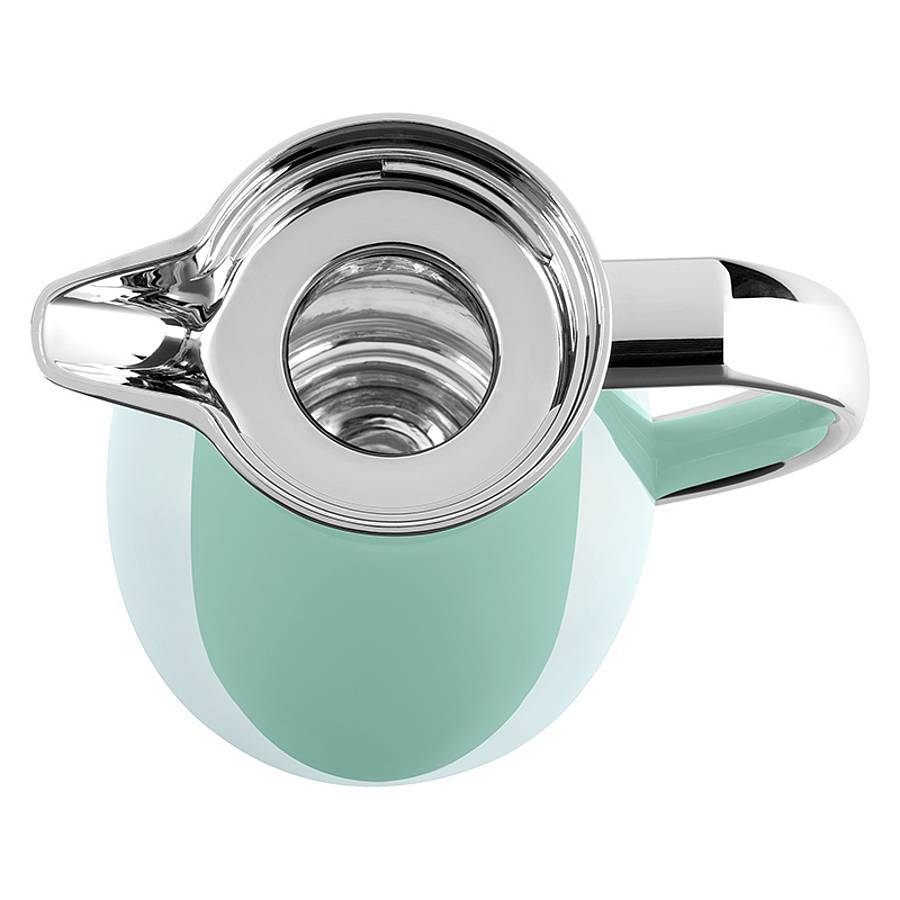 Draufsicht auf einen Chromkrug oder eine Milchkanne mit mintgrünem Körper auf weißem Hintergrund.