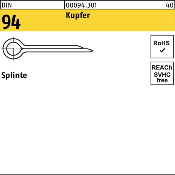 Kupfer Splinte 94', Kupfersplint-Illustration, RoHS- und REACH-konform, Teilenummer 00094.301, gelbes Etikett.