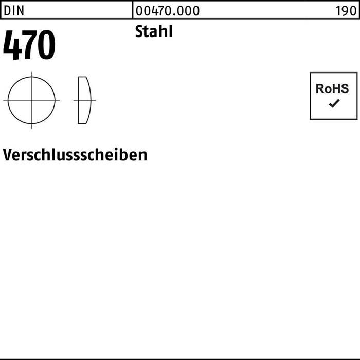 DIN 470, Stahlsicherungsscheiben mit technischer Zeichnung links und RoHS-konform Checkbox rechts.