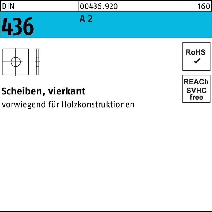 Diagramm einer quadratischen Unterlegscheibe mit der Bezeichnung '436'. Mit Abmessungen und Markierungen zur Kennzeichnung der RoHS- und REACH-Konformität. Beschrieben als geeignet für Holzkonstruktionen.