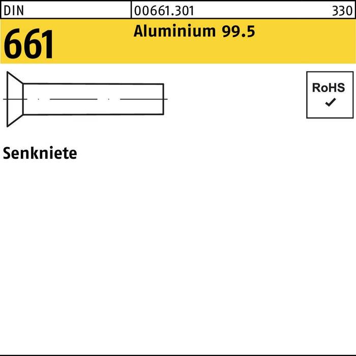 DIN 661' Aluminium-Teil mit der Bezeichnung '0661.301', Durchmesser '330', RoHS-konform. Darunter steht das Wort 'Senkniete' zur Typenbezeichnung.