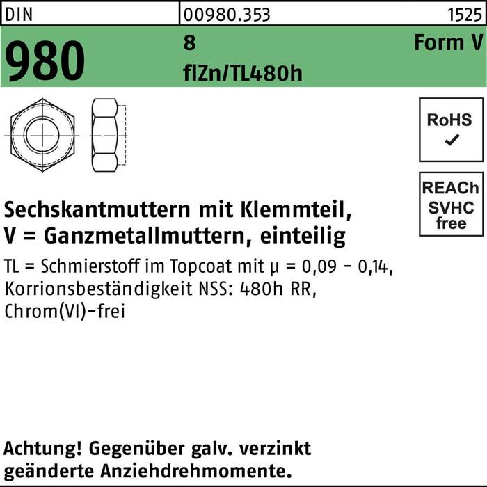 Technische Zeichnung einer Sechskantmutter. Text: 'Sechskantmuttern mit Klemmteil'. RoHS SVHC frei. Anzugsdrehmomentrichtung verzieht.