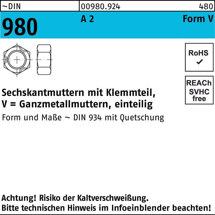 Sechskantmutter DIN 980 Klemmteil VM 6 A 2 1000 Stück