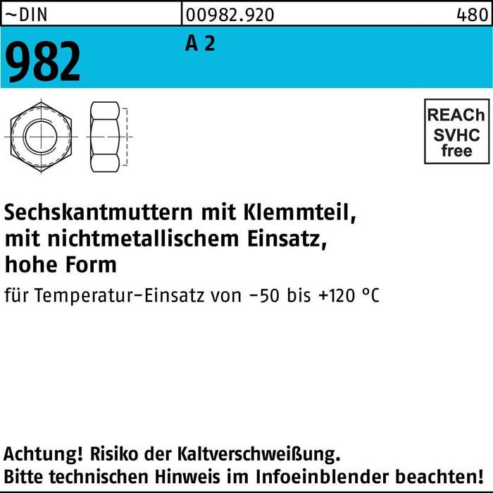 Diagramm einer Sechskantmutter mit Spezifikationen: Hochtemperatur-Mutter mit Einsatz, einsetzbar von -50 bis 120°C. Warnung, Montageanweisungen zu beachten.