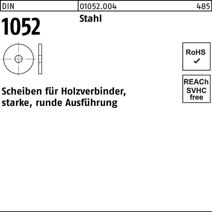 Eine technische Zeichnung einer '1052' Scheibe mit dargestellten Abmessungen, beschriftet als 'Stark, runde Ausführung' aus Stahl. Gekennzeichnet mit 'RoHS' und 'SVHC frei'.
