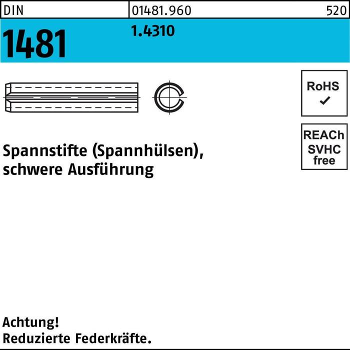 Spannstifte (Spannhülsen), Standard 1481, 1.4310, 520,' RoHS- und REACH-konform. Hinweis: 'Achtung! Reduzierte Federkräfte.