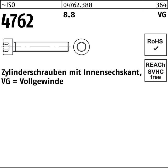 Darstellung einer Zylinderschraube mit Innensechskant und Mutter. Beschriftung: 'Zylinderschrauben mit Innensechskant, VG = Vollgewinde'. RoHS und SVHC frei gekennzeichnet.