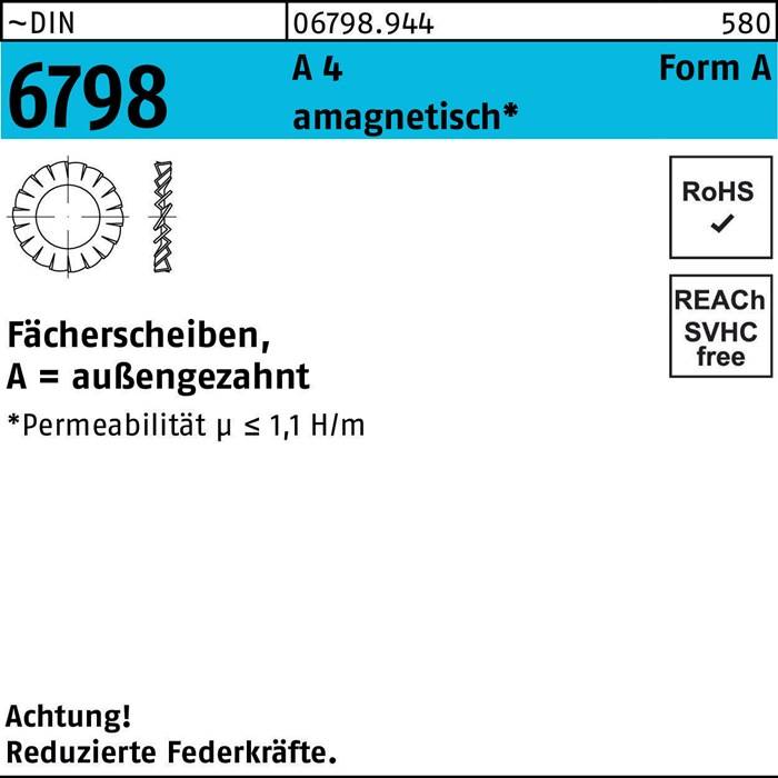 Fächerscheiben, A = außenzeugend, Permeabilität µ ≤ 1,1 H/m, RoHS SVHC frei. Achtung! Reduzierte Federkräfte.