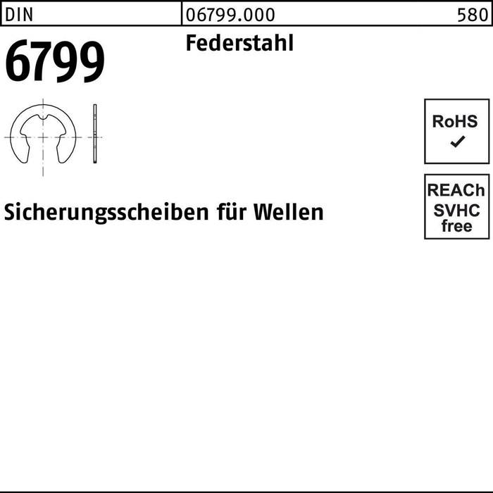 E 6799' Sicherungsring für Wellen aus Federstahl, gekennzeichnet als RoHS- und REACH-konform.