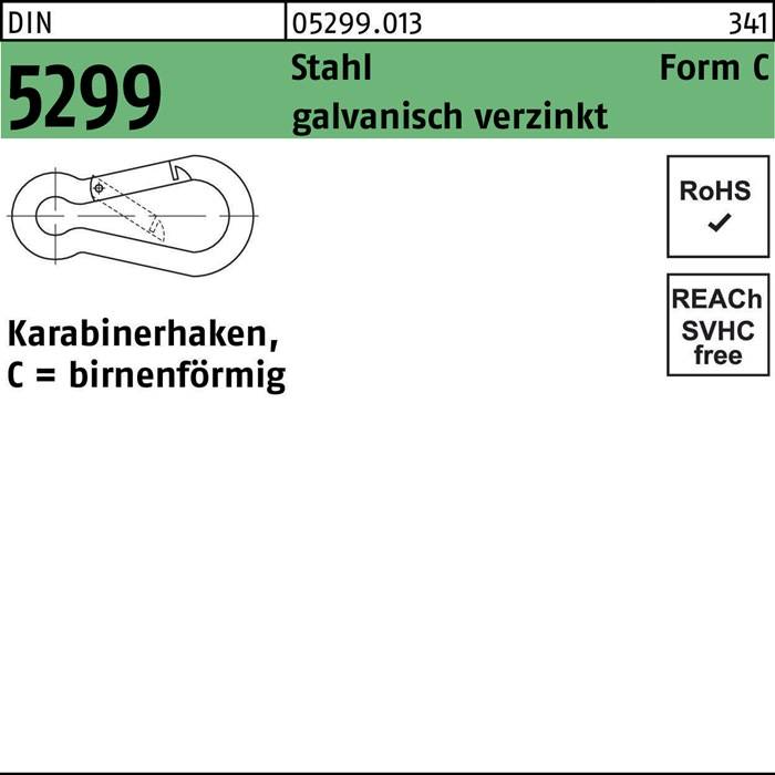 Karabinerhaken galvanisch verzinkt, C 529, Form C4' Technische Zeichnung. Rechts daneben RoHS-, SVHC- und REACH-konforme Symbole.