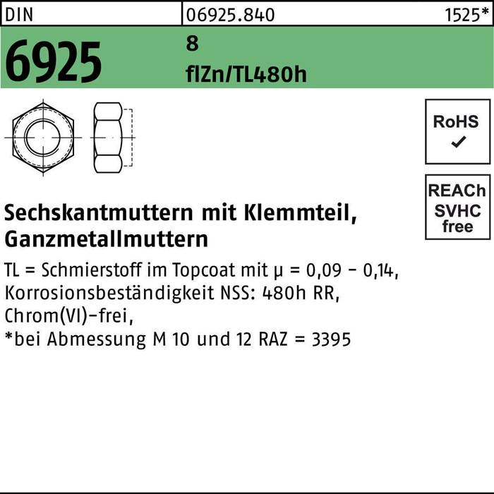 Sechskantmutter mit Metalleinlage, nach DIN-Norm 6925, RoHS- und REACH-konform. Abmessungen: M10, Höhe 8 mm, verchromt.