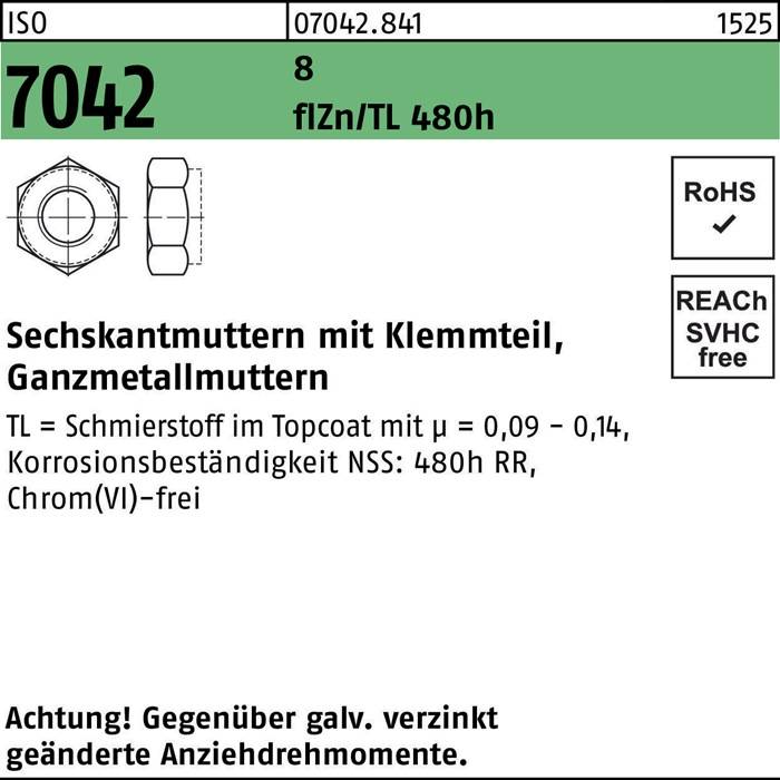 Sechskantmutter-Zeichnung mit technischen Details: 'Vollmetallmuttern mit Klemmteil, metallisiert'. Korrosionsbeständigkeit: 480h RR, chrom(VI)-frei. RoHS-, REACH-konform.