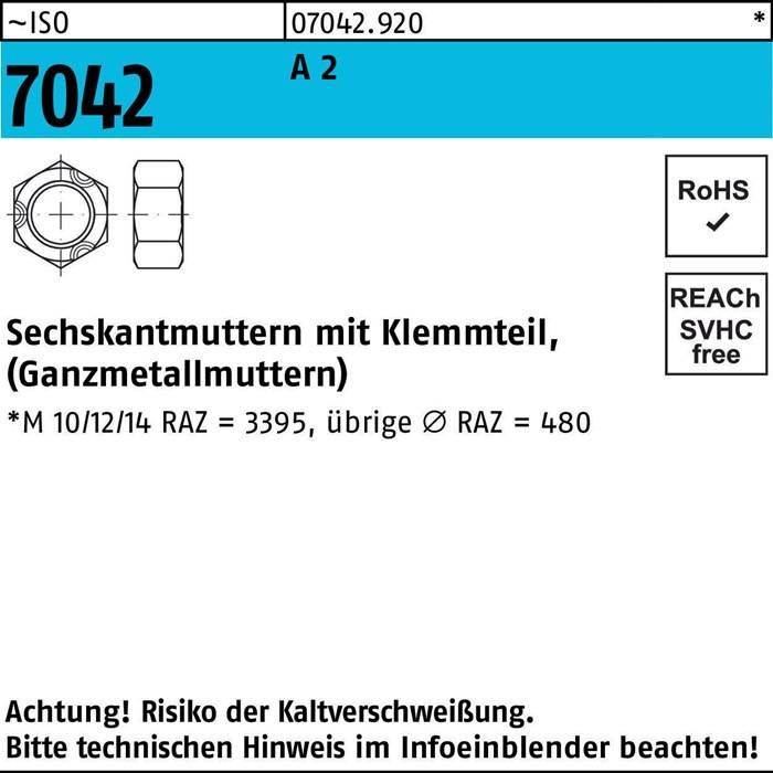 Schneidmuttern mit Klemmeteil' Produktetikett mit Spezifikationen: M10/12/14 RAZ = 3395, Ø RAZ = 480. Konformitätszeichen umfassen RoHS und SVHC.