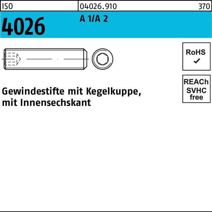 ISO 4026 A 1/A 2', eine technische Zeichnung eines Gewindestifte mit Beschreibung 'Gewindestift mit Kegelkuppen', RoHS- und REACH-SVHC-konform.