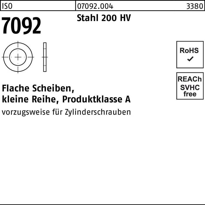 Flache Scheiben, kleine Serie, Produktklasse A, vorzugsweise für Zylinderschrauben, RoHS-konform, REACH-frei. DIN 7092.