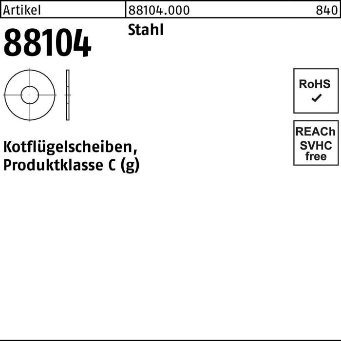 Diagramm eines Produkts mit der Bezeichnung 'Kotflügelscheiben 88104'. Material: Stahl. Enthält Konformitätszeichen für RoHS und REACH SVHC.