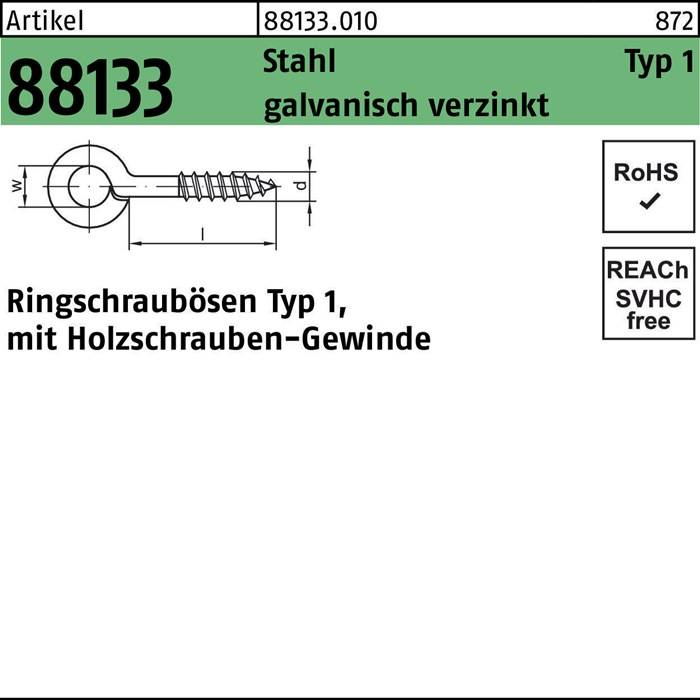 Die Abbildung zeigt eine technische Zeichnung einer Ringschraube, Modell 801333, aus verzinktem Stahl, mit Maßangaben. Sie entspricht den RoHS- und SVHC-Vorschriften.