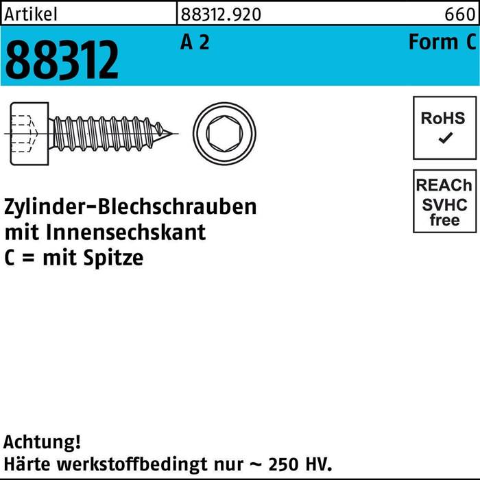 Zylinderkopf-Innensechsschraube mit Spitze, Produktcode '88312', mit folgenden Spezifikationen. RoHS-konform, für den Einsatz unter festgelegten Bedingungen.
