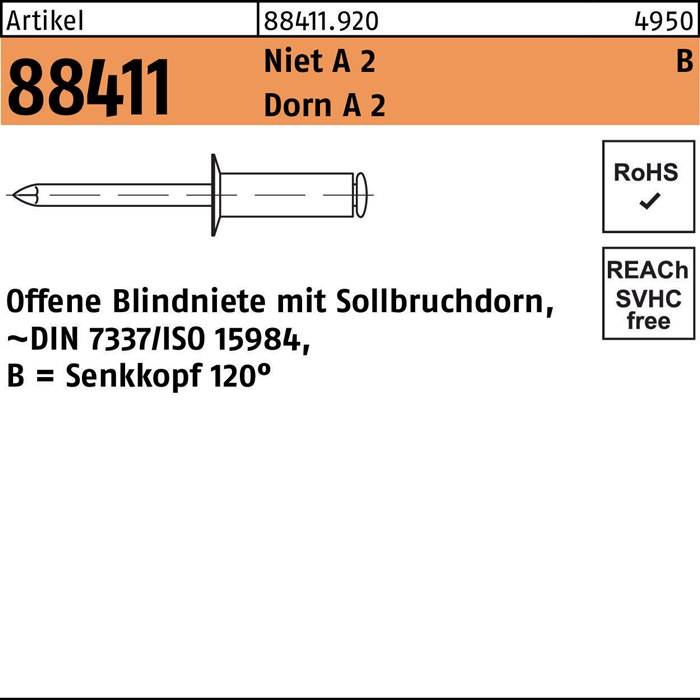 Blindniete R 88411 SEKO B 5x 10 Niet A 2/Dorn A 2 500 Stück