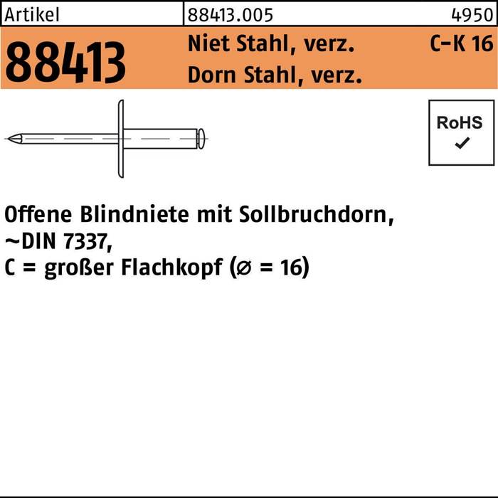 Blindniete R 88413 großer FLAKO 4,8x19,9 Niet Sta verz./Dorn Sta verz. 250St.