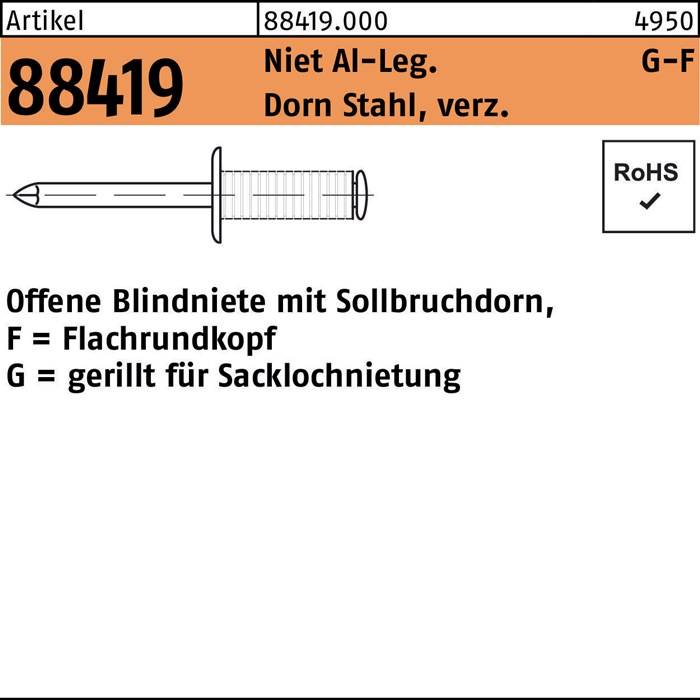 Blindniete R 88419 Flachrundkopf 4x 8 Niet Aluminium/Dorn Stahl verz. 500St.