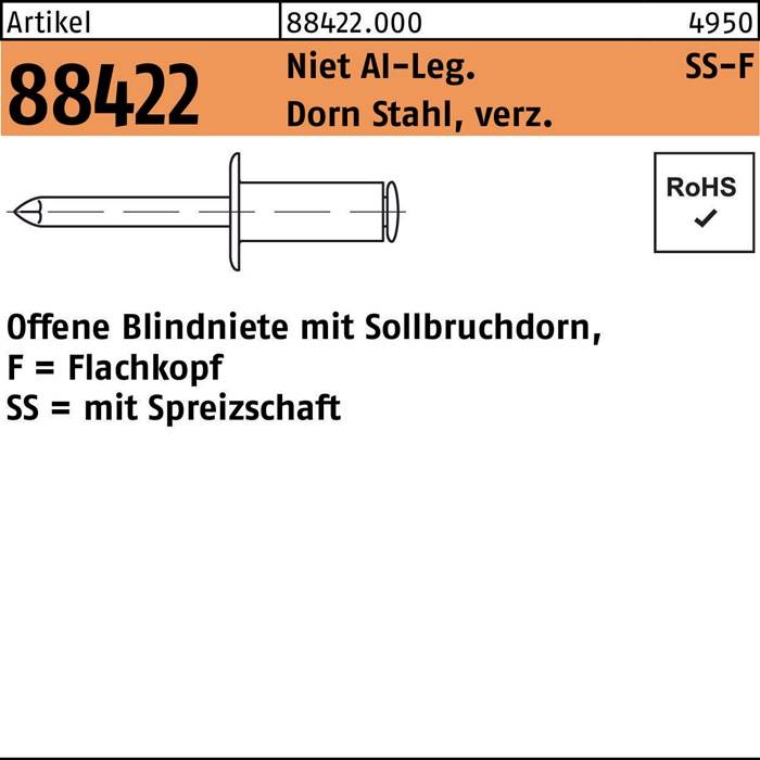 Blindniete R 88422 FLAKO 4,8x 14 Niet AIu/Dorn Stahl verz. 250 Stück