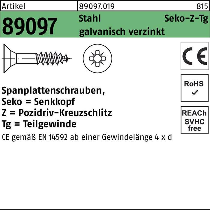 Das Bild zeigt ein technisches Datenblatt für eine Schraube. Es spezifiziert eine Artikelnummer, Typ 'Spanplattenschrauben', Material 'Stahl', mit Kreuzschlitz und Einhaltung bestimmter EU-Normen. CE-, RoHS-, REACH- und AVChc-Symbole sind sichtbar.