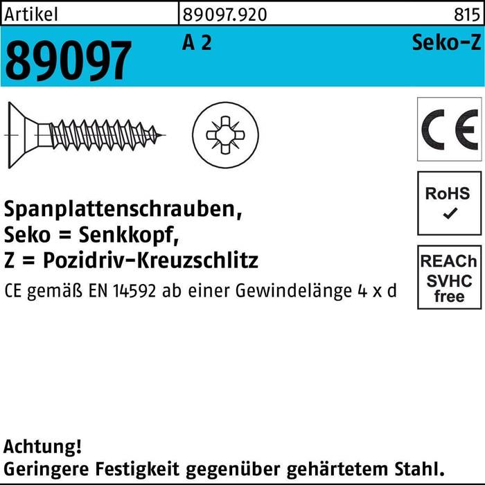 Spanplattenschrauben, Senkkopf = Schlitz, Z = Pozidrive' mit sichtbaren technischen Spezifikationen und Zertifizierungssymbolen