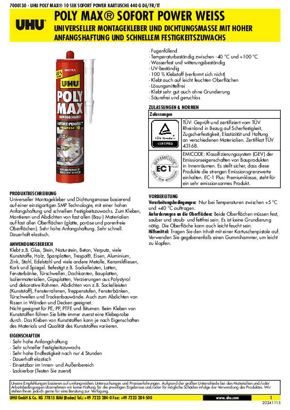 Kleb- u.Dichtstoff POLY MAX 10 SEK SOFORT POWER weiß 425g Kartusche UHU