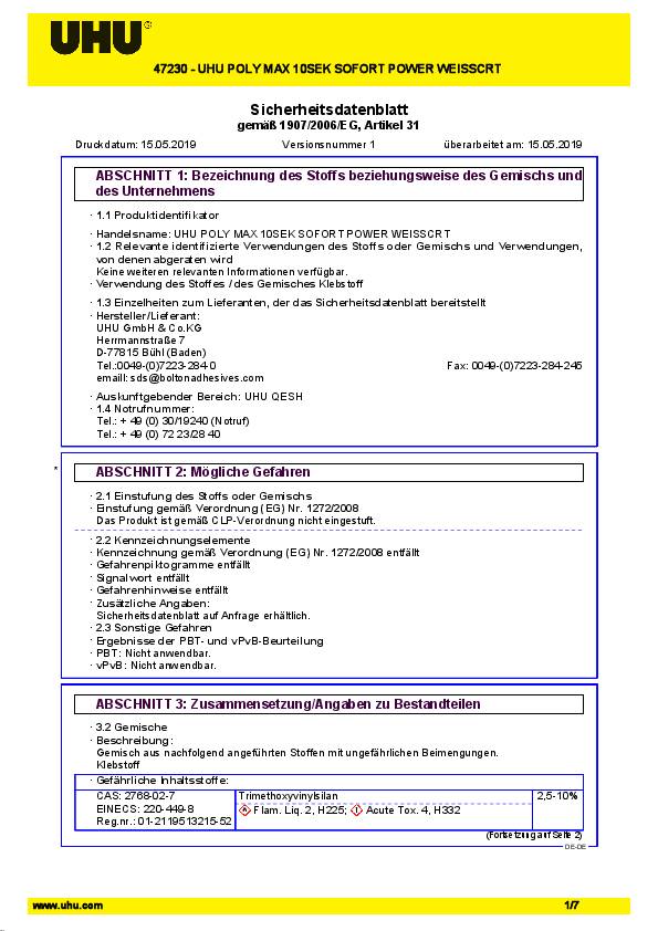 Kleb- u.Dichtstoff POLY MAX 10 SEK SOFORT POWER weiß 425g Kartusche UHU