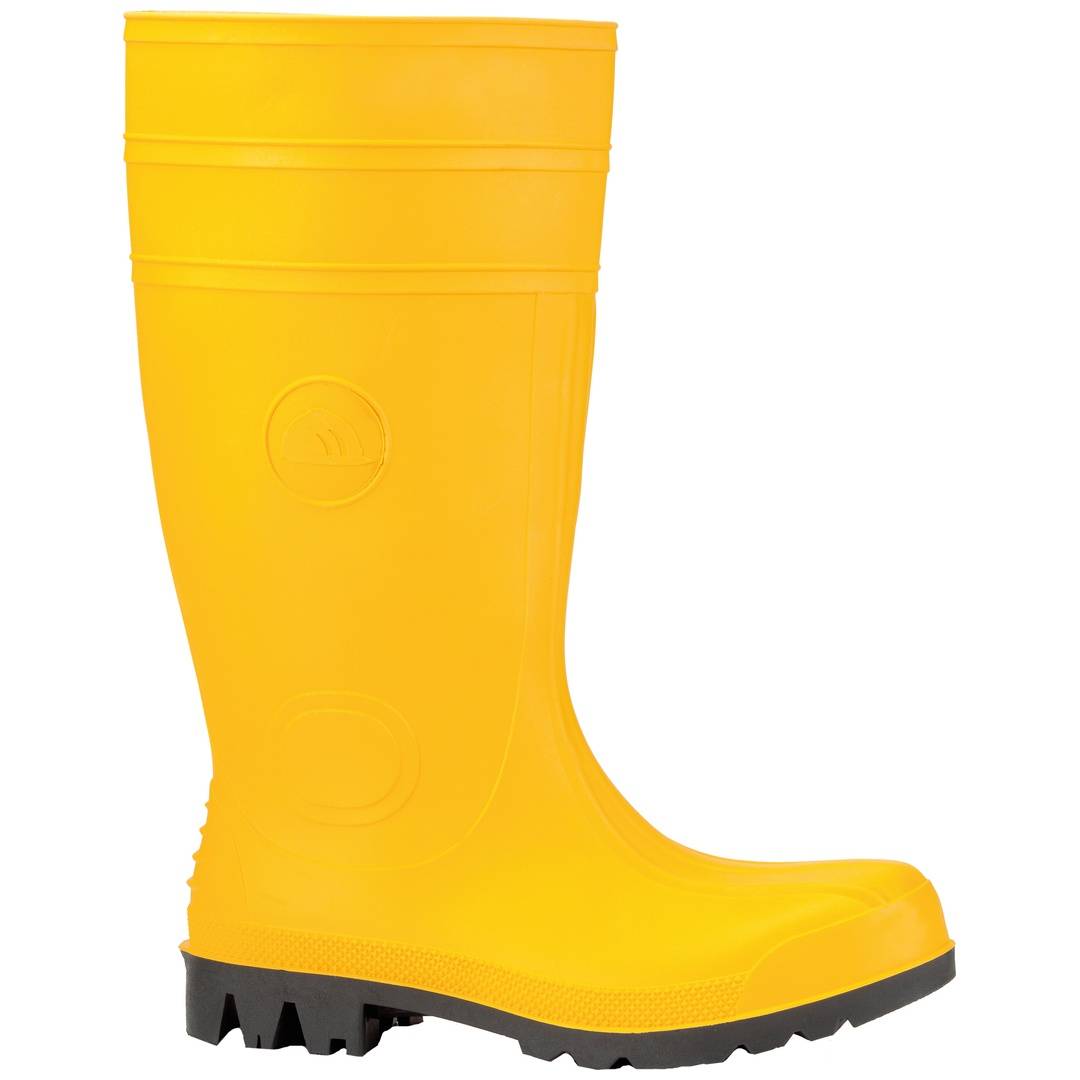 Hellgelber knöchelhoher Gummistiefel mit schwarzer Lauffläche, in Seitenansicht auf weißem Hintergrund dargestellt.