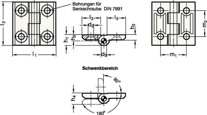 Technische Zeichnung zur Darstellung der Abmessungen und Spezifikationen einer Schwenkbereichskomponente. Beschriftungen enthalten Maßangaben und DIN-Norm 7991.