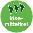 Grüner Punkt mit drei Dreiecken und Text: lösemittelfrei.