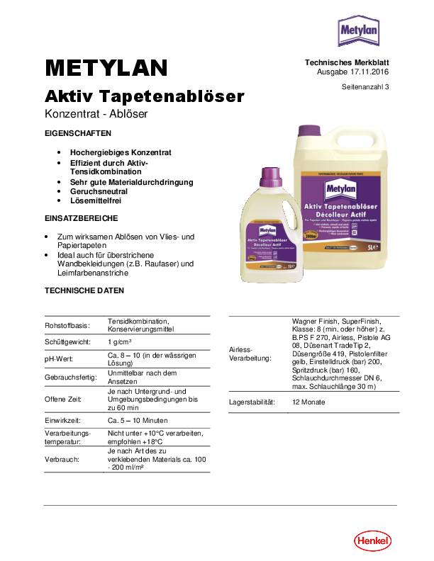 Tapetenablöser Aktiv Konzentrat,lösemittelfrei 500 ml Flasche METYLAN