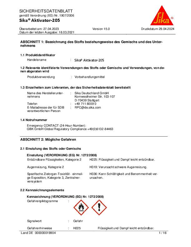 Aktivator 205 lösemittelhaltig farblos,klar 250 ml Dose SIKA