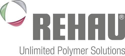 Das Bild zeigt das Wort 'REHAU', das ein Markenname ist, begleitet von dem Satz 'Unlimited Polymer Solutions' darunter.