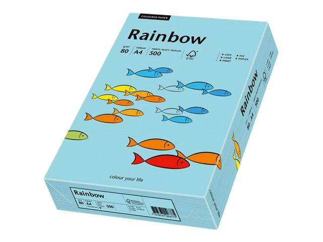 Das Bild zeigt einen Ries 'Rainbow' farbiges A4-Papier mit 80 g/m² und 500 Blatt, auf dessen Verpackung mehrfarbige Fischillustrationen zu sehen sind.