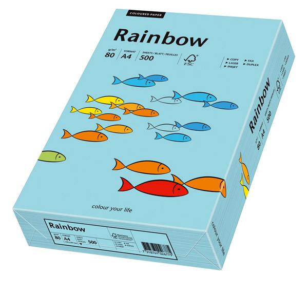 Karton Regenbogen A4 Kopierpapier, 500 Blatt, hellblaue Verpackung mit bunter Fischillustration und Slogan „Färbe dein Leben".