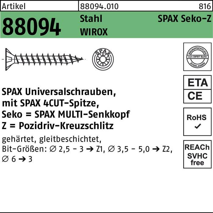 Schraube R 88094 SEKO Spitze/PZ 5x100/60-Z Stahl galv.verz. WIROX 100St. SPAX