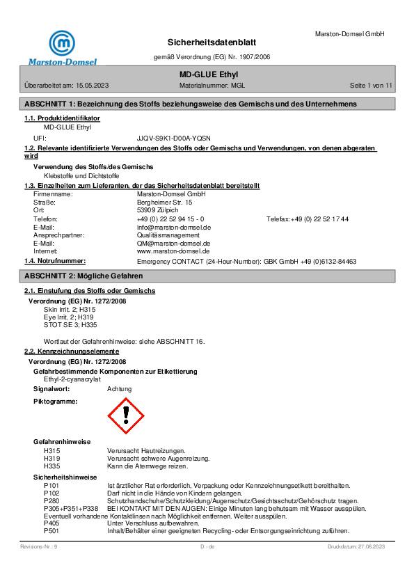 Rapidkleber MD GLUE 150.424 20g NSF P1 farblos Flasche MARSTON