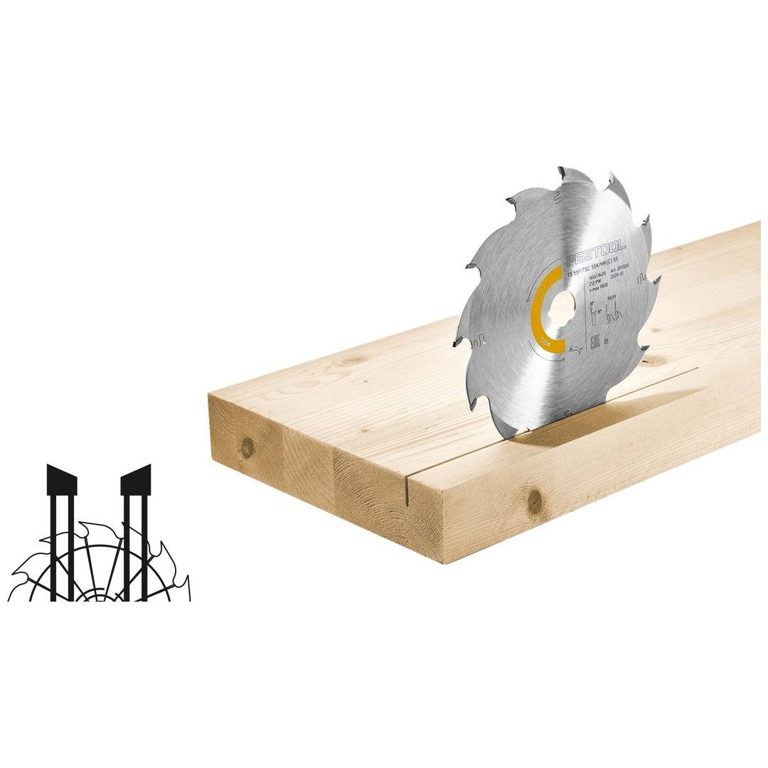 Kreissägeblatt in einer Holzvorrichtung montiert, mit einem kleinen Sägen-Logo-Symbol in der linken unteren Ecke.