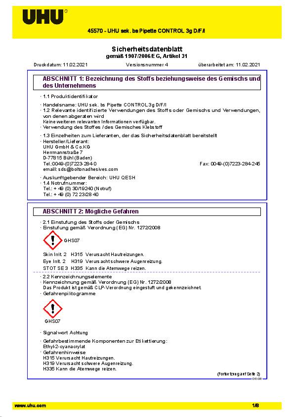 Sekundenkleber blitzschnell PIPETTE Control 3g farblos Tube UHU
