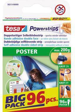 Verpackung für tesa Powerstrips 'POSTER' doppelseitige Klebebänder, Großpack 96 Stück, max 200 g, mit 'einfach anbringen/einfach entfernen' Anleitung.