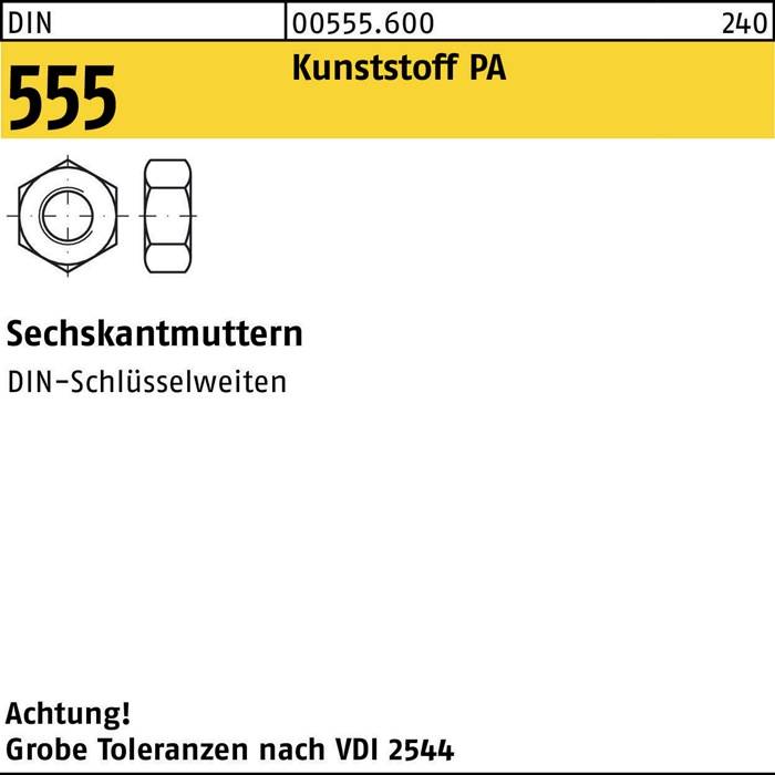 Ein technisches Diagramm einer Sechskantmutter, beschriftet mit 'SECHSKANTMUTTERN DIN-Schlüsselweiten'. Warnhinweis: 'Achtung! Grobe Toleranzen nach VDI 2544'.